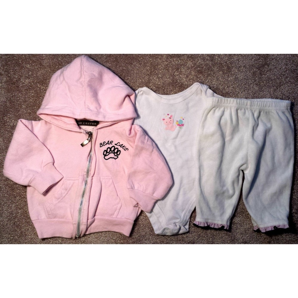 Girl's Size 6 M 3-6 Months 3 Piece Pink Bear Lake Paw Jacket, Top & Velour Pants